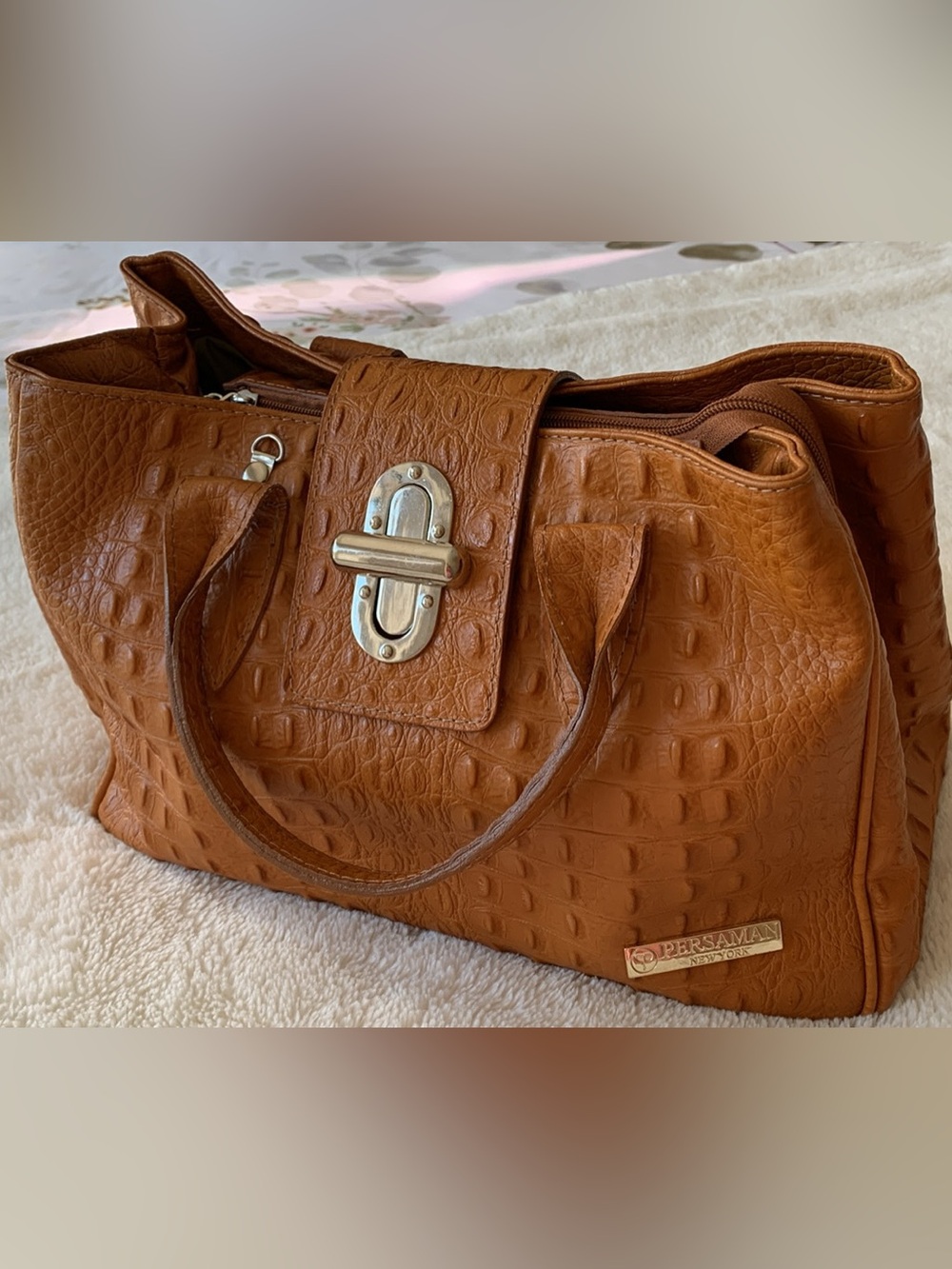 Persaman New York Cognac Croc-Embossed Top-Handle Satchel